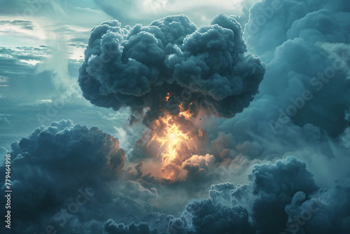 nuclear bomb explosion, armageddon concept with smoke in the sky