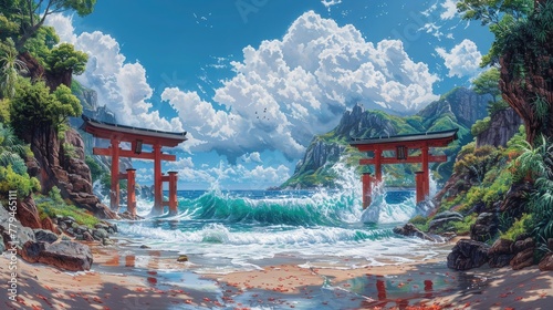 The Great Wave Amidst Torii Gates. Japan Majestic The Great Wave Painting.