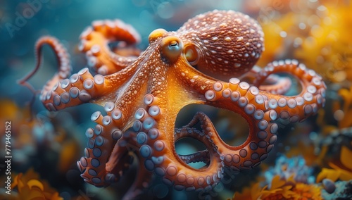 An electric blue octopus gracefully moves through the underwater world near a vibrant coral reef, surrounded by marine invertebrates and diverse marine organisms