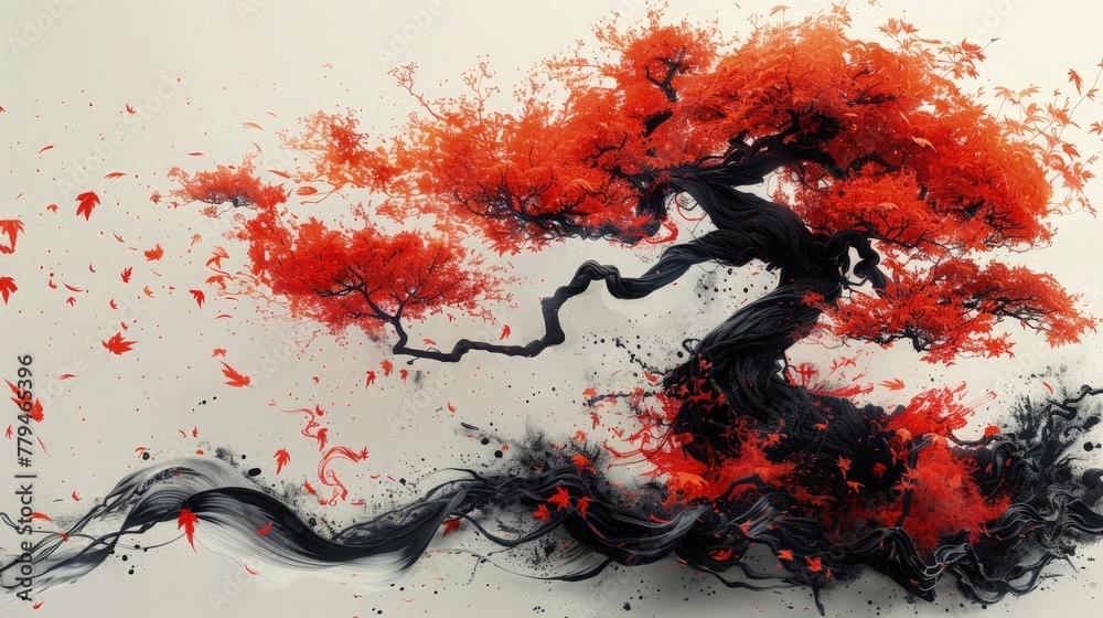 Sumi-e Portrait of Japanese Maple Tree in Autumn Splendor. Elegance in Ink. A Sumi-e Masterpiece Sumi-e Portrait of Japanese Maple Tree in Autumn Splendor. Elegance in Ink. A Sumi-e Masterpiece