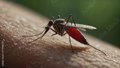 Close up view of a mosquito on human skin showing the insect's long proboscis inserted into the skin to feed on blood