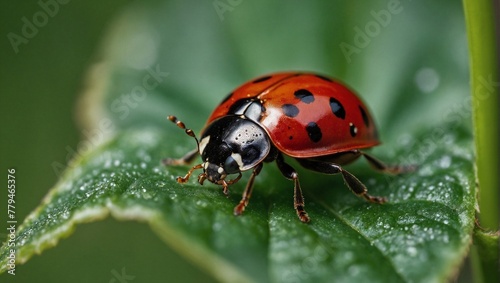 Close up view of a red ladybug with black spots sitting on a green leaf