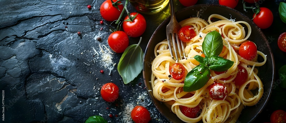 Eating Pasta with Tomatoes and Basil Using a Fork, with a Wine Bottle in Background. Concept Italian Cuisine, Food Photography, Dinner Scene, Pasta with Tomatoes, Wine Bottle