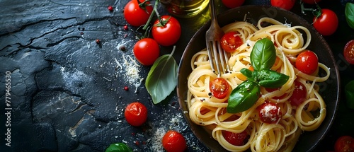 Eating Pasta with Tomatoes and Basil Using a Fork, with a Wine Bottle in Background. Concept Italian Cuisine, Food Photography, Dinner Scene, Pasta with Tomatoes, Wine Bottle