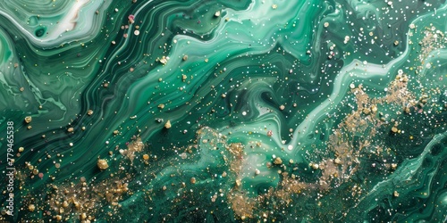 Green marble mural with a sprinkling of colorful glitter over a white background.