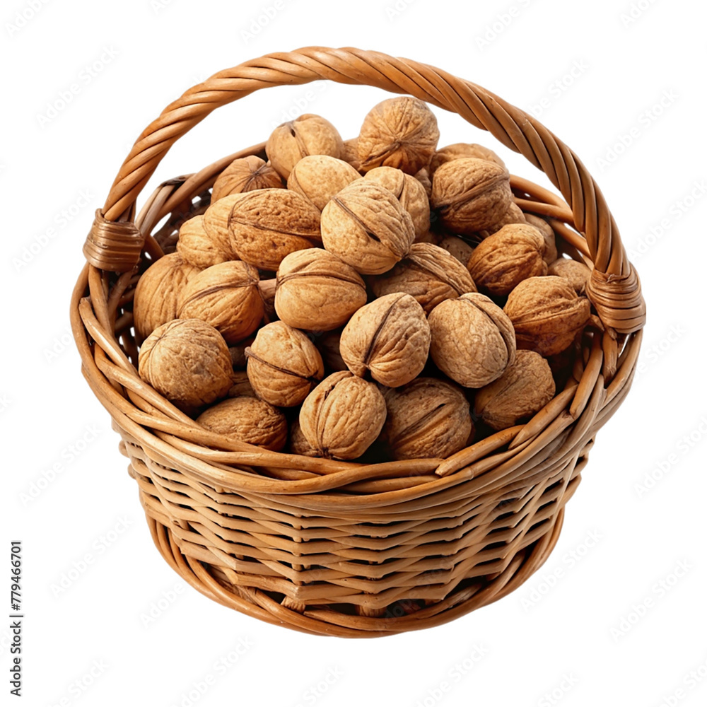Walnuts in a basket isolated on transparent background