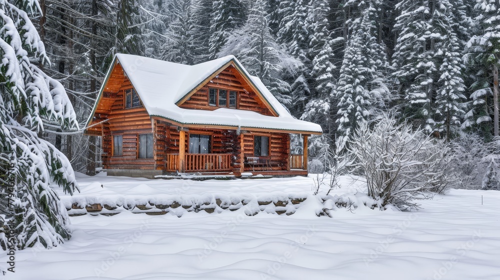 A rustic log cabin nestled in a snow-covered forest  AI generated illustration