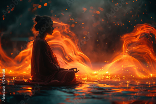 A person in meditation is enveloped by ethereal flames, capturing a moment of calm amidst a powerful