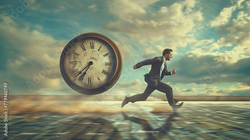 A businessman racing against time, running with a large circular clock chasing him photo