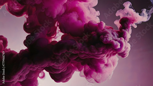 Magenta smoke dispersion on a grey background. Pink fluffy pastel smoke cloud.