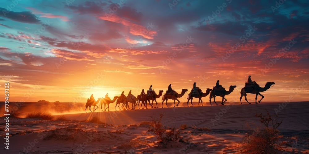 A group of camels are walking across a desert at sunset A group of camels are walking across a desert at sunset