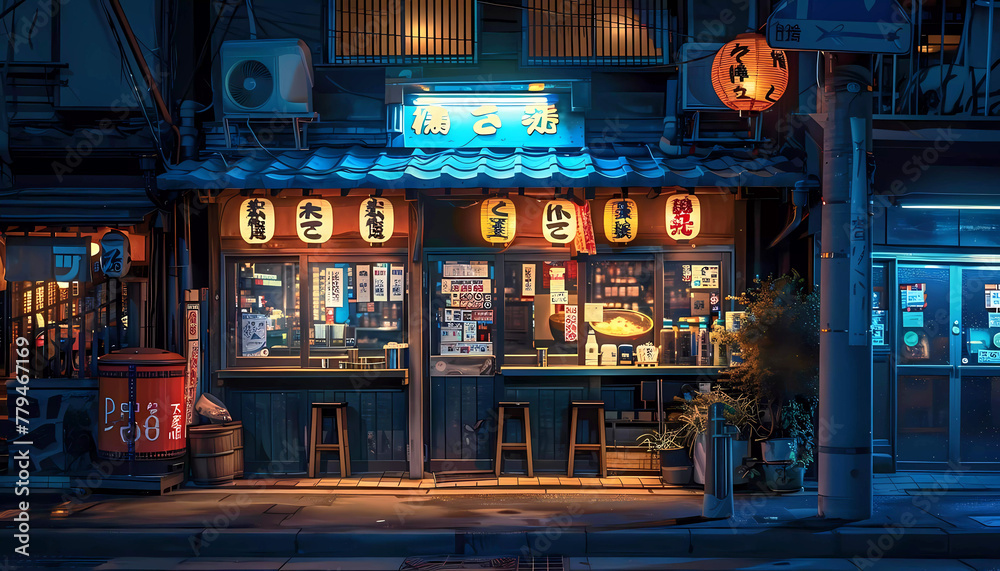 Japanese tokyo city ramen shop restaurant bar illustration. Generative ai design concept art.