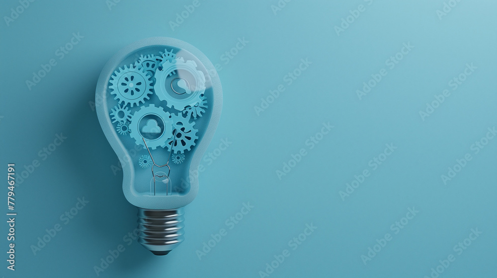 Creative Light Bulb with Gears and Cogs on Blue Background Creative Light Bulb with Gears and Cogs on Blue Background