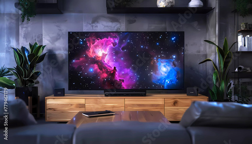 Living room with big tv screen on wooden table. Generative ai design concept art.