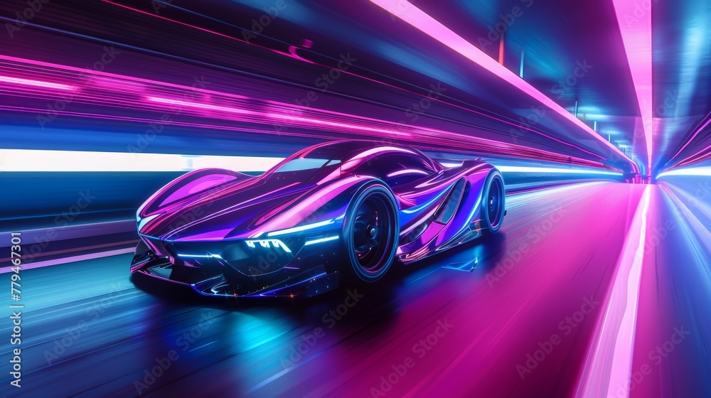A sleek and futuristic concept car speeding down a neon-lit highway  AI generated illustration