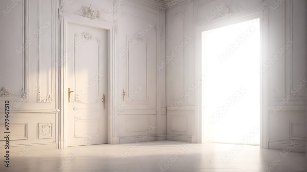 White room with wooden door open, key to success concept White room with wooden door open, key to success concept