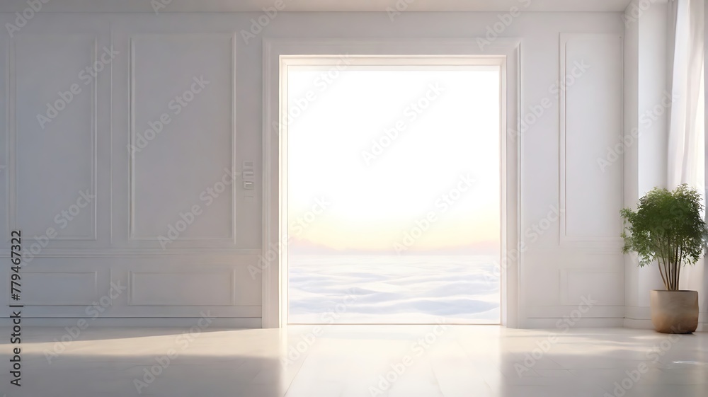 Fototapeta premium White room with wooden door open, key to success concept