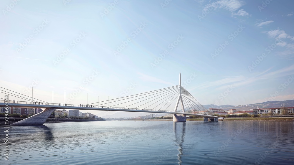 Obraz premium A sleek and modern bridge spanning a wide river AI generated illustration
