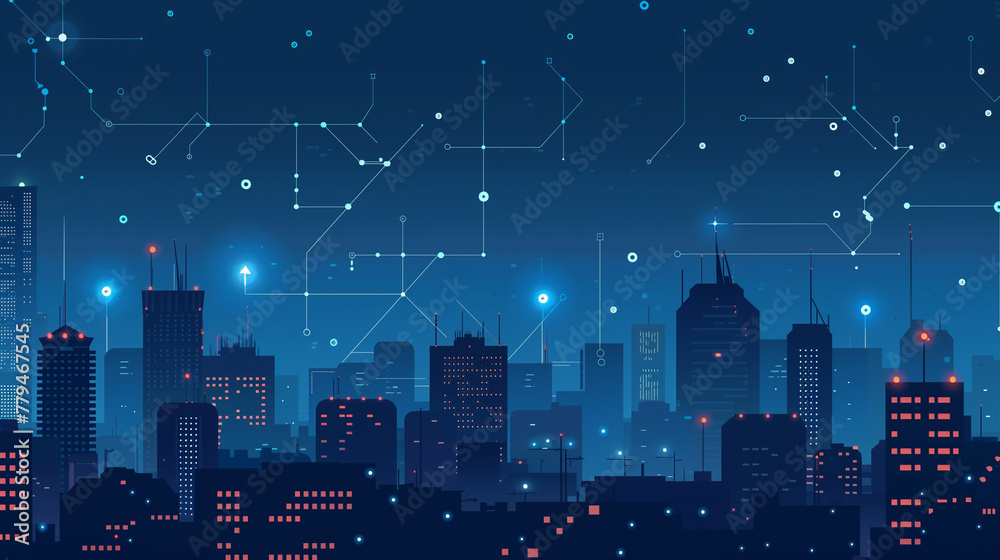 Fototapeta premium Abstract cityscape with digital connections and technology background, Generative AI