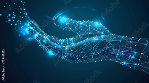 Hand, internet and big data connection dots for cloud storage, artificial intelligence and coding. Blue, lines and network connectivity for ai algorithm, quantum computing and communication backgroun