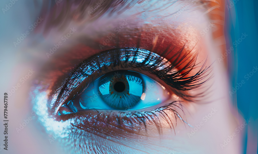 Extreme close-up of a woman's eye with detailed blue iris, adorned with sparkling, colorful eyeshadow and long, curled lash