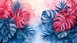 Tropical leaves with a pink and blue hue.
