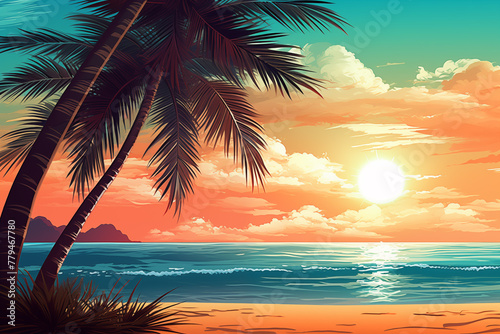 Beach and palm trees during sunset.