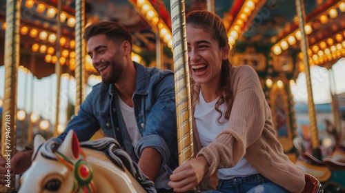 happy adults experience unforgettable emotions of admiration and laugh while riding on the Carousel in the amusement park