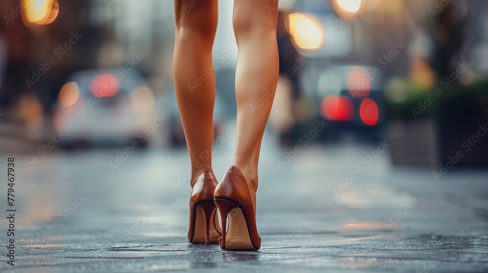Beautiful legs of elegant lady in high heels walking in the city, professional photo - obrazy, fototapety, plakaty 