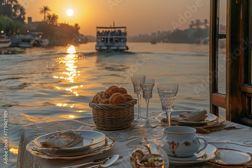 A scenic Nile river dining experience, with a table set on a boat featuring koshari, ful medames, and molokhia, offering views of the riverbanks and the setting sun.