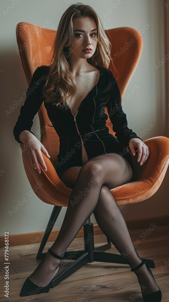 Fototapeta premium Portrait of a stunning fashion model sitting in a modern style chair showing her pretty shiny skin legs, professional photo