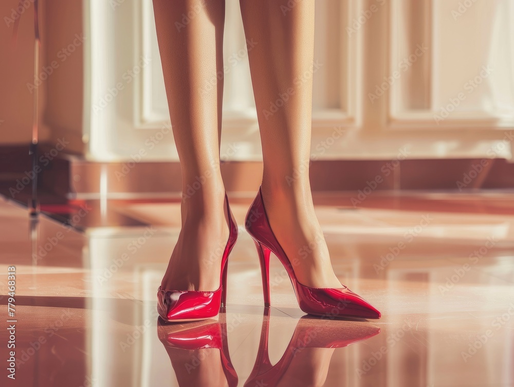 Slim graceful women's legs in elegant red shoes, shiny from cream skin, beautiful fashion background, free space for text, professional photo Slim graceful women's legs in elegant red shoes, shiny from cream skin, beautiful fashion background, free space for text, professional photo