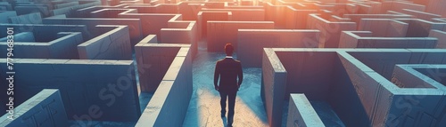 A determined businessman searching for the right path in a complex maze.