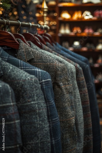 Warm jackets in a row on a rack with men's jackets in a men's clothing store