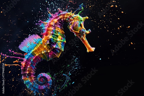 A dynamic image of a seahorse with splashes of vibrant paint against a black background.