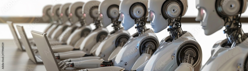 A lineup of humanoid robots operating laptops