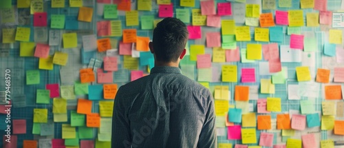 A man stands pondering in front of a wall filled with colorful sticky notes representing planning