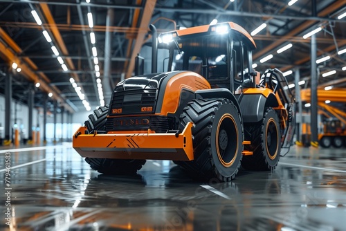 A modern road roller with an orange and black design in an industrial complex © Creative_Bringer