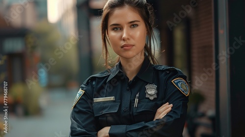 A professional female police officer stands with arms crossed in a confident stance