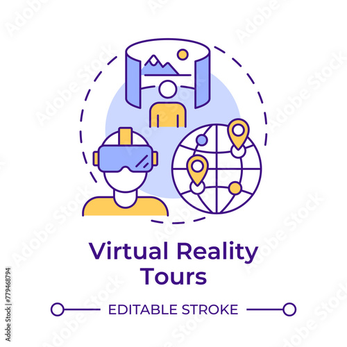 Virtual reality tours multi color concept icon. Technology integration in travelling. VR experience. Round shape line illustration. Abstract idea. Graphic design. Easy to use in blog post