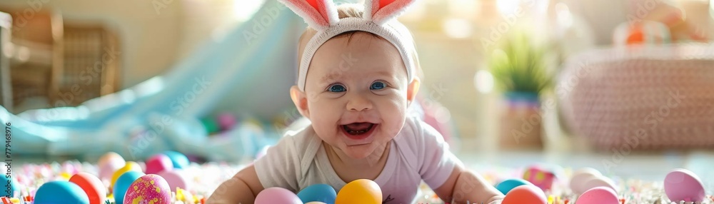 An adorable baby wearing bunny ears is surrounded by colorful Easter eggs during playtime. An adorable baby wearing bunny ears is surrounded by colorful Easter eggs during playtime.