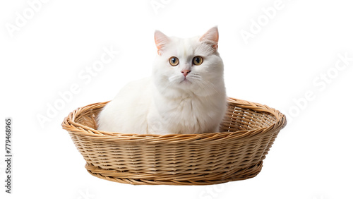 White cat in a basket isolated on transparent background