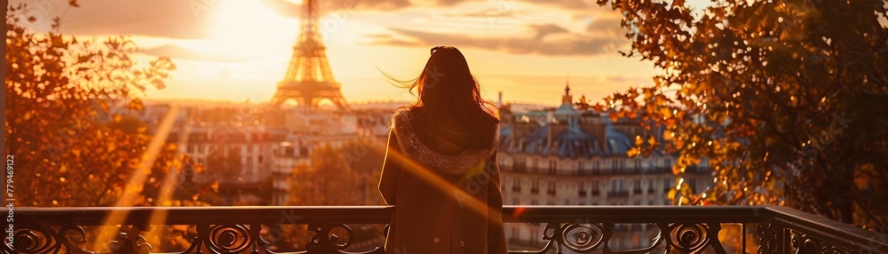 Back view of a woman gazing at the Eiffel Tower from a balcony in Paris at sunset.