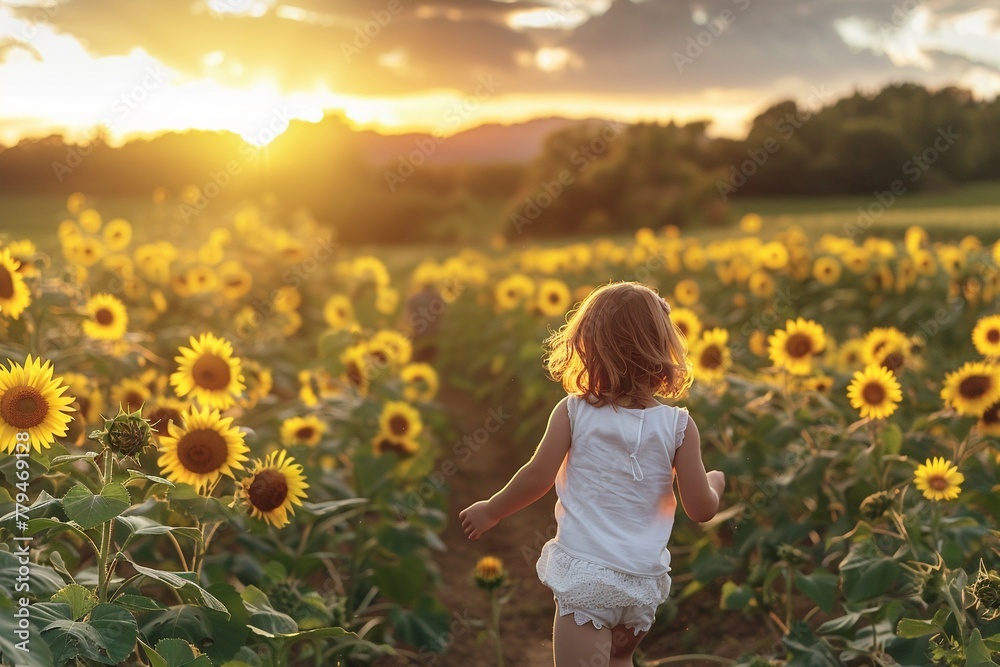 Child running through sunflower field sunset Child running through sunflower field sunset