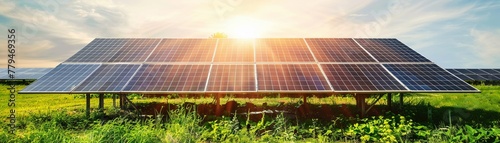 Solar panels on green roof midday light photo