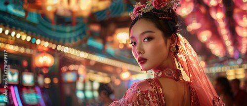 Stunning Asian woman in pink traditional attire with a grandiose and opulent casino background.