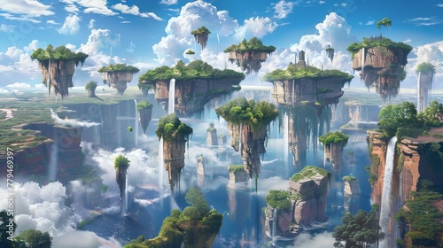 A surreal landscape with floating islands and cascading waterfalls  AI generated illustration © Olive Studio