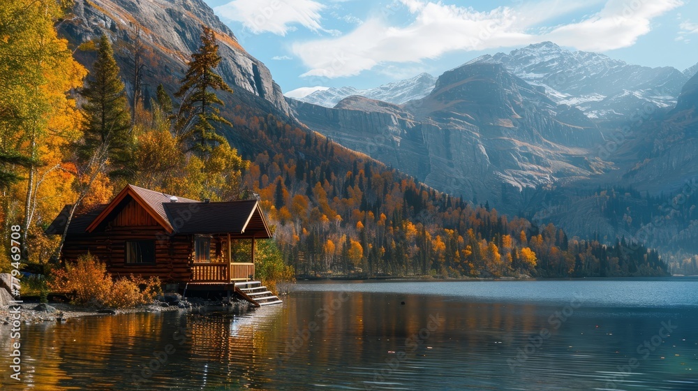 A tranquil lakeside cabin with a view of the mountains  AI generated illustration