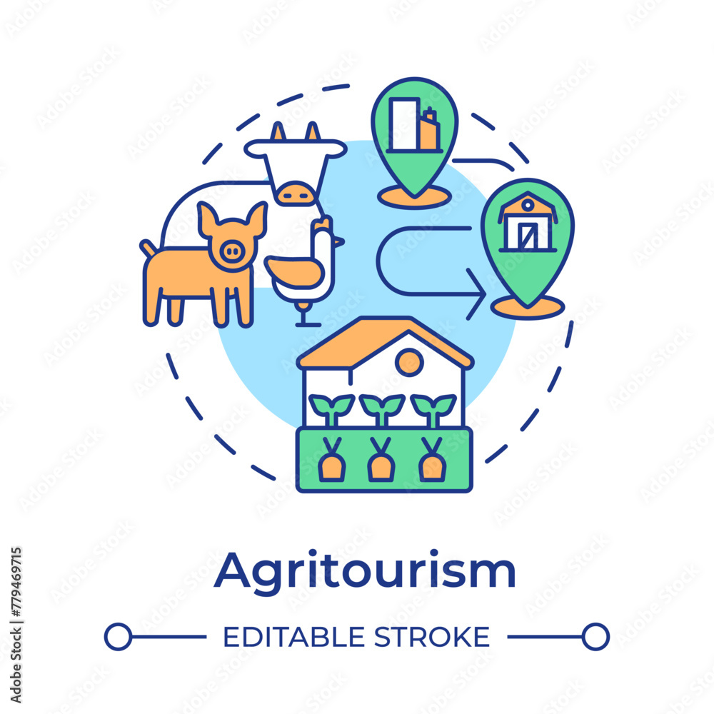 Agritourism multi color concept icon. Niche tourism. Rural tourism. Farm activities. Animal husbandry. Round shape line illustration. Abstract idea. Graphic design. Easy to use in blog post
