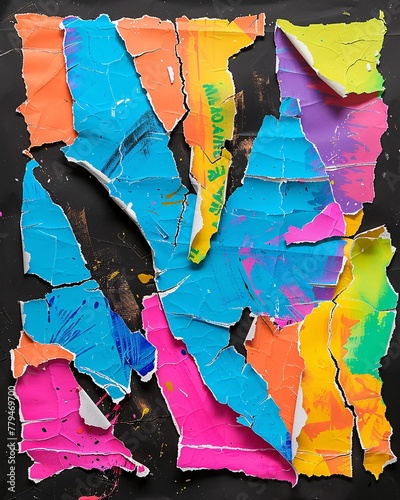 Abstract collage crafted from torn scraps of papers pieces